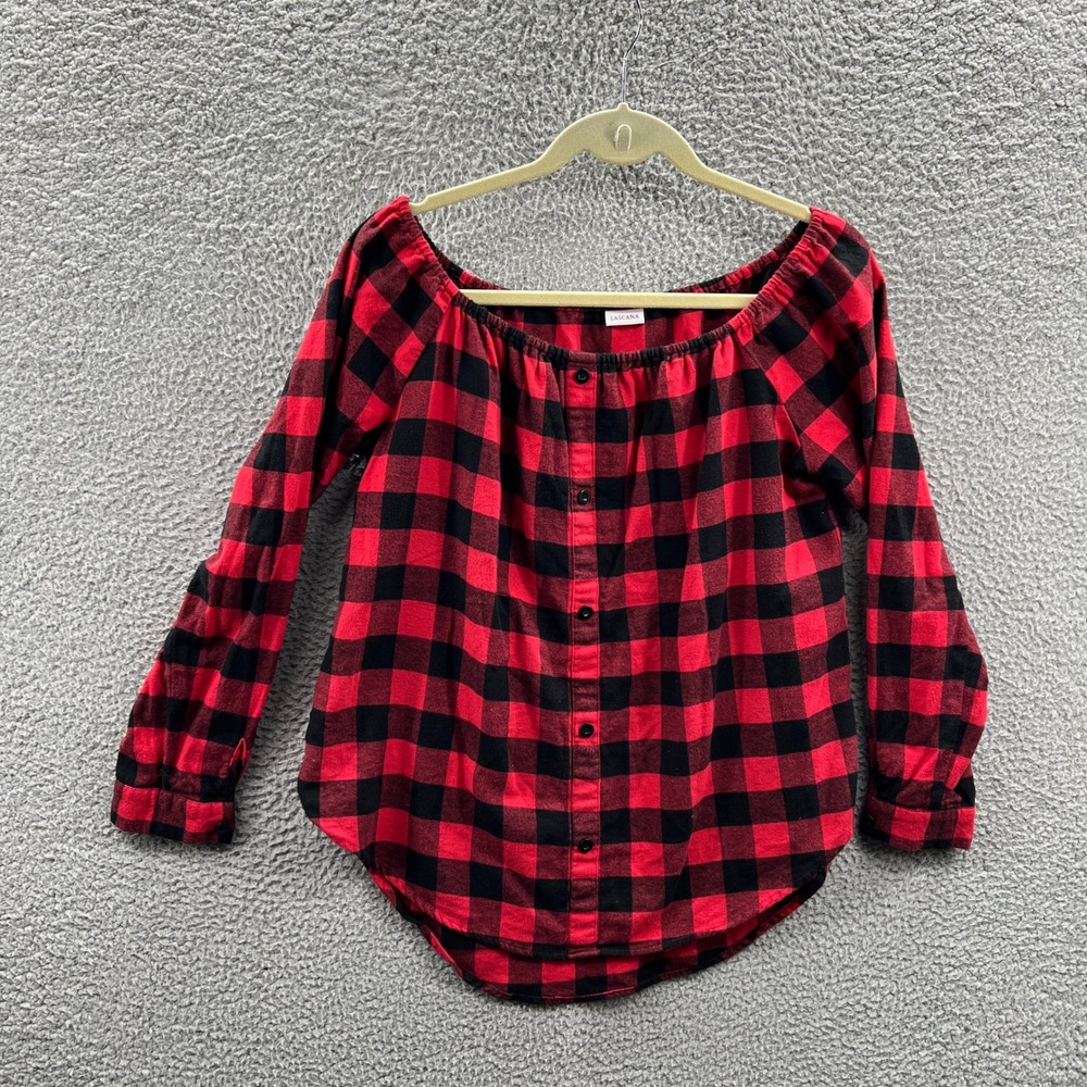 Womens Buffalo Check Plaid Off Shoulder Top 8 Button Front Boho Peasant Casual